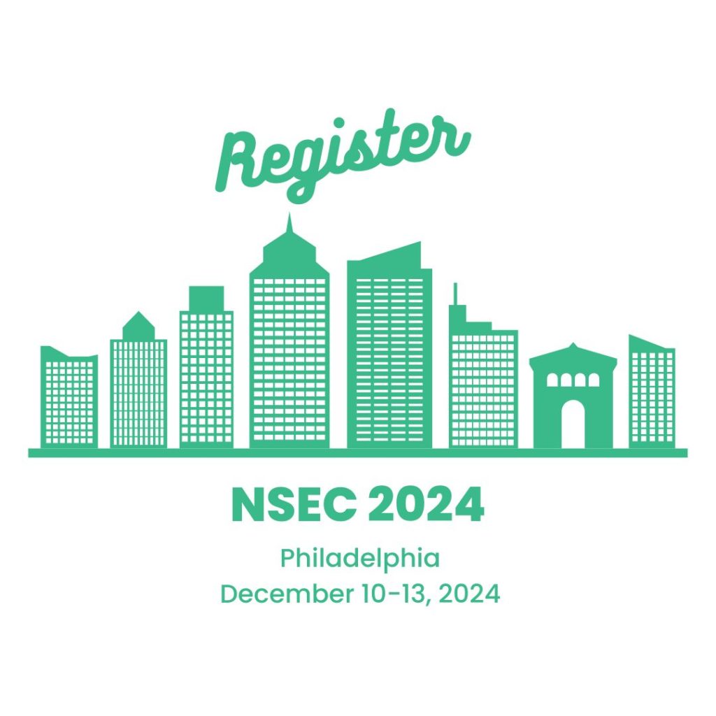 Image features a cartoon of the Philadelphia skyline. Above the skyline is text that says "Register." Below the skyline it says "NSEC 2024. Philadelphia. December 10-13, 2024."