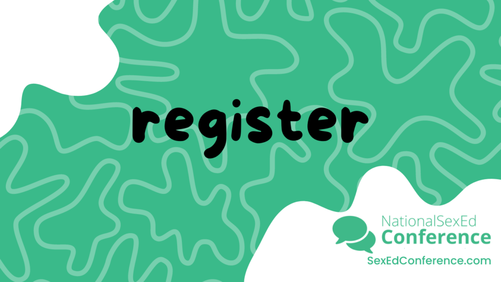 Image features a green abstract background and white abstract shapes in the top left and bottom right corner. In the center it says "register."